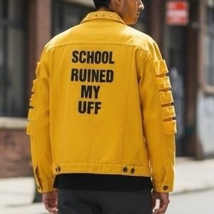 Yellow Graphic Denim Trucker Jacket Studded Streetwear School Ruined My Uff Mens
